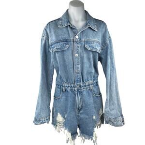 Brooklyn Karma Journey Blue Long Sleeve Distressed Denim Jean Romper Shorts L